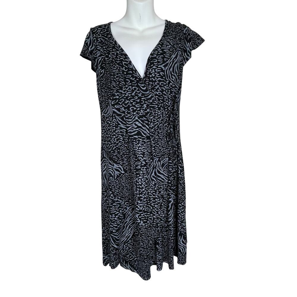Fresh Produce Real Wrap Dress M Black Gray Turquoise Batik Jersey 3/4 Sleeve USA